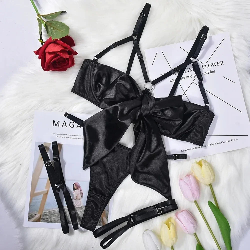 Hot Sexy Lingerie Women's Erotic Lace Satin Sexy Bodysuit Women's Bow Sleepwear Sexy Bra Panties Set Babydoll Exotic Pajamas