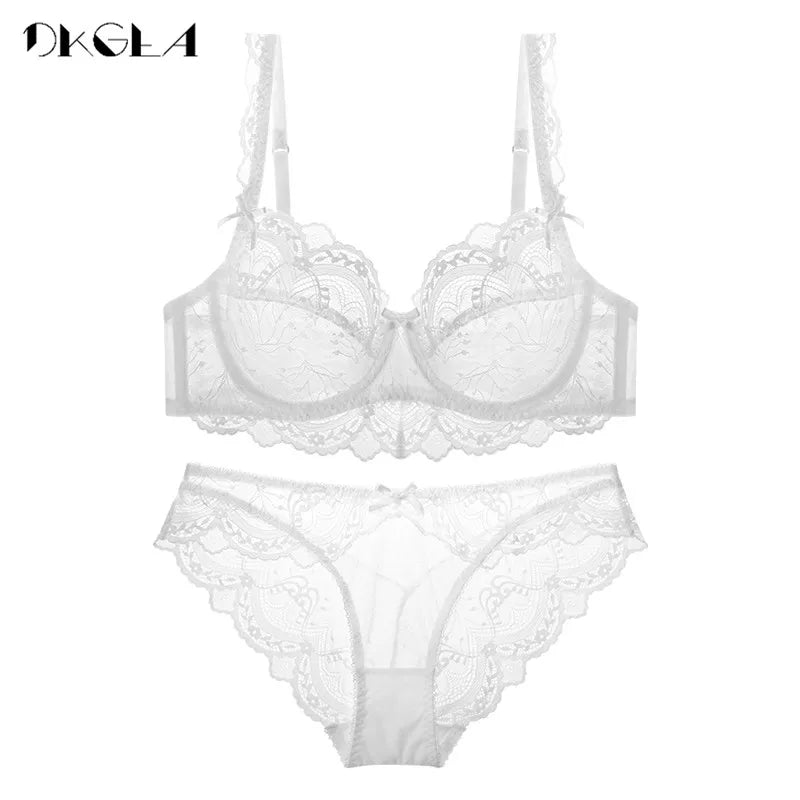Ultrathin Bra Panties Sets Transparent Brassiere Sexy Underwear Set Plus Size D E Cup Embroidery Women Lingerie Set Lace Bras