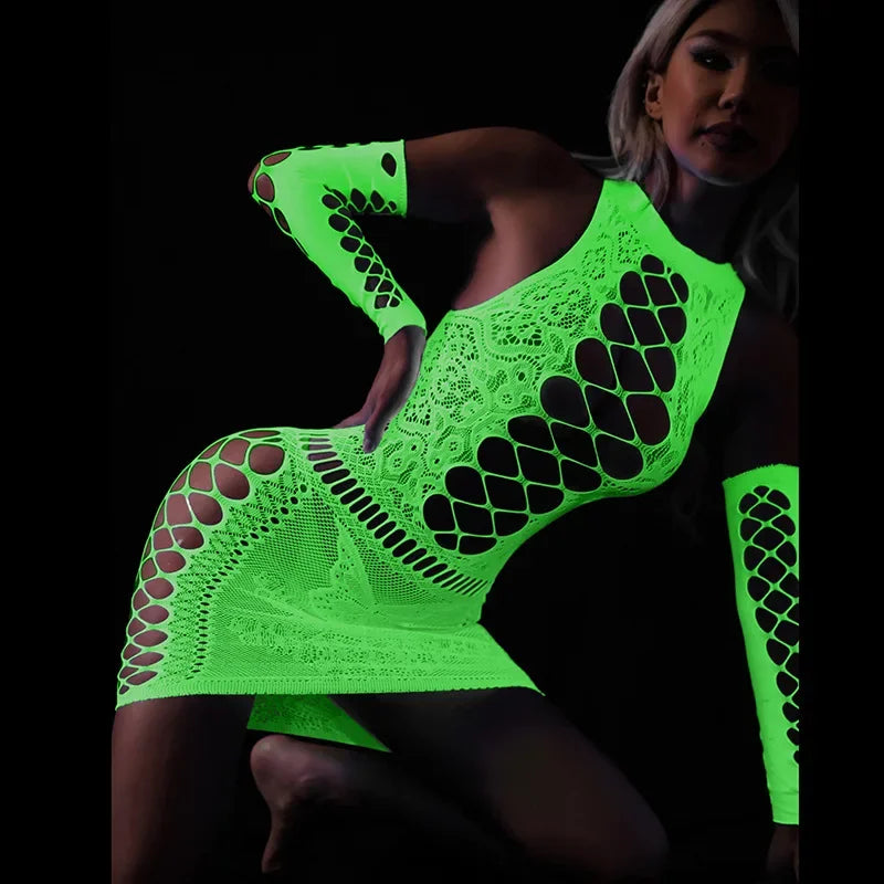 Sexy Hollow Out Luminous Bodysuit Sexy Lingerie See Through One-piece Luminous Suspenders Mesh Clothes Fishnet Socks Dress