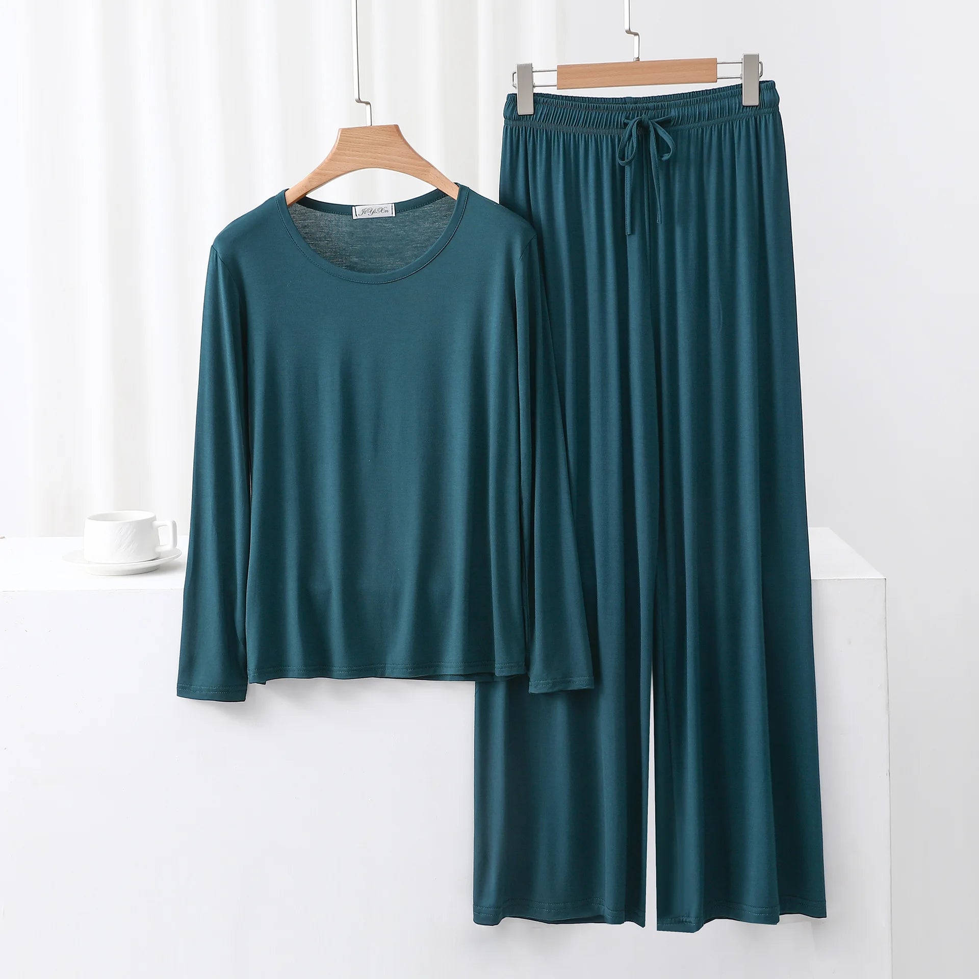 Modal Pajama Sets 2 Piece O-Neck Long sleeved Tshirt and Wide Leg Pant Ankle Length Loose sleepwear set Comfort homewear suits
