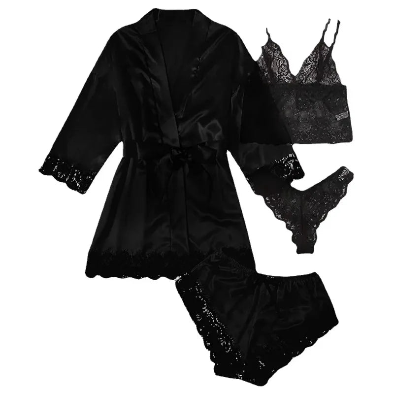 4PCS Satin Pajama Set with Robe - Lace Trim Cami Top & Shorts, The Viral Must-Have Elegant Loungewear for Women's Sleepwear