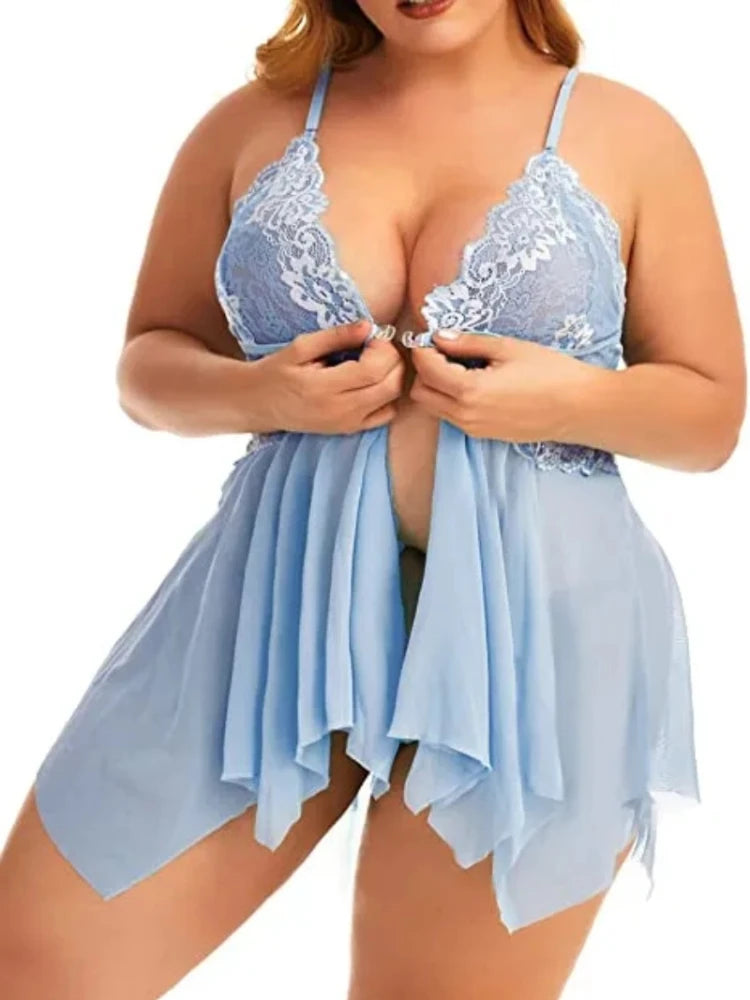 Plus Size Babydoll for Women Open Front Lingerie Sleepwear Lace See Through V Neck Nightgown Sexy Nightdress Maternity Negligee