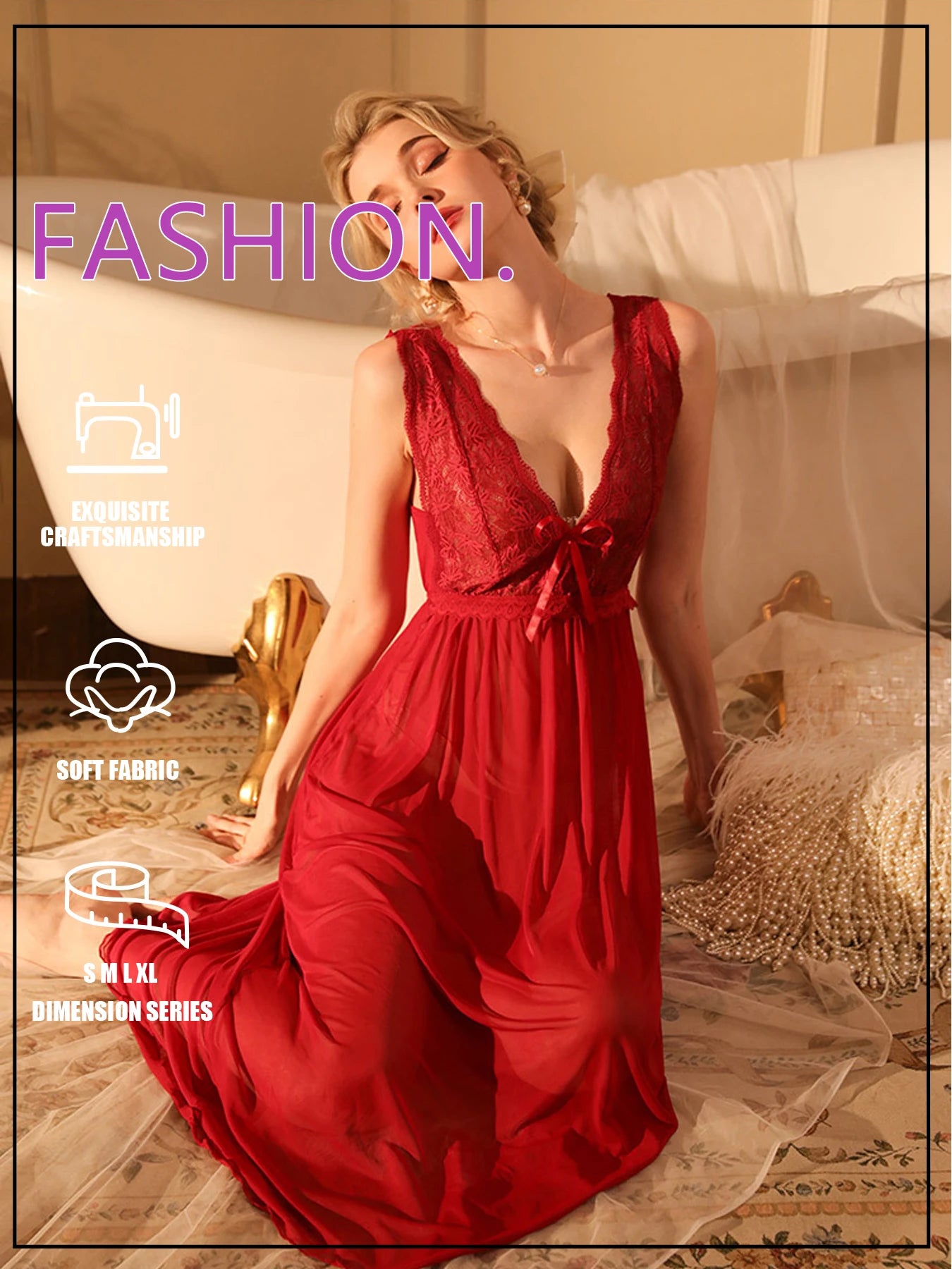 Sexy Women Lingerie Dress Set Lace Splicing Mesh Long Deep V Backless Nightgown Set Homewear All Season
