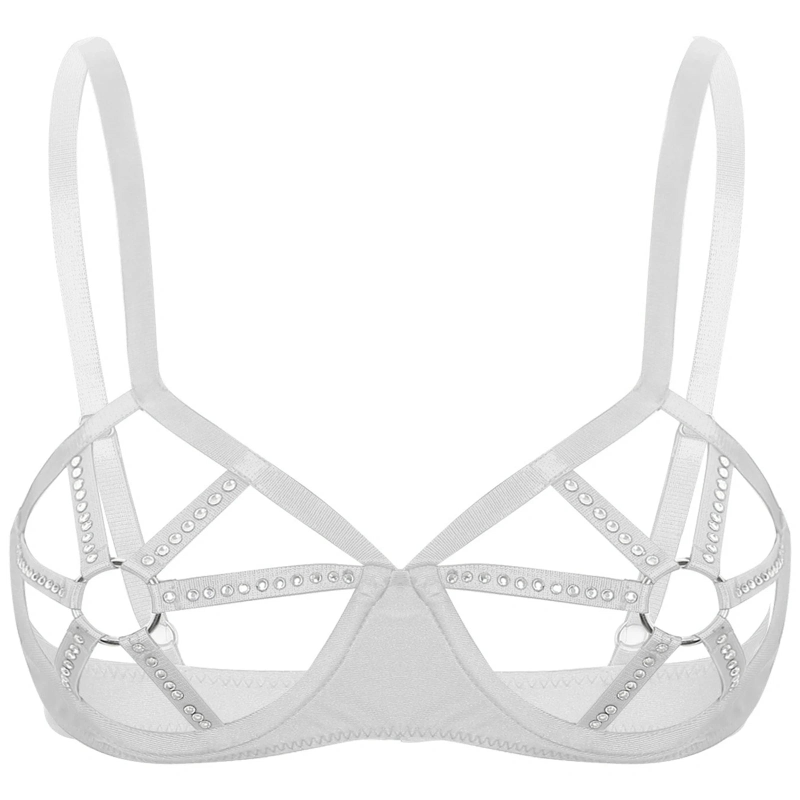 Womens Sexy Lingerie See Through Underwired Bra Balconette Adjustable Straps Shiny Rhinestones O-ring Cutout Cup Push Up Bra Top
