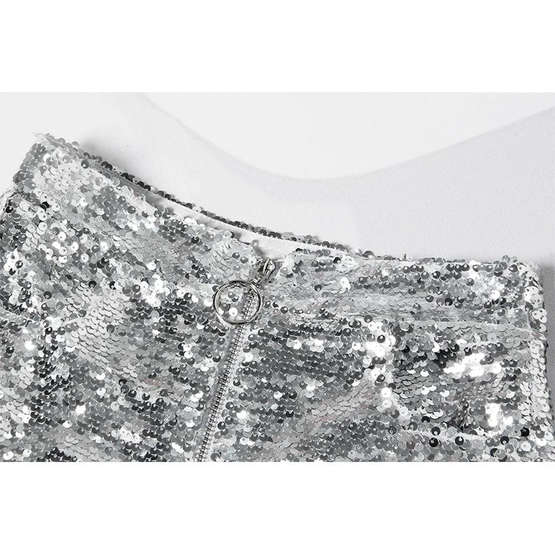 Sexy Women Sequin Shorts Summer High Waist O-Ring Zip Bodycon Shorts Feminino Skinny Party Club Festival Raves Pole Dance Shorts