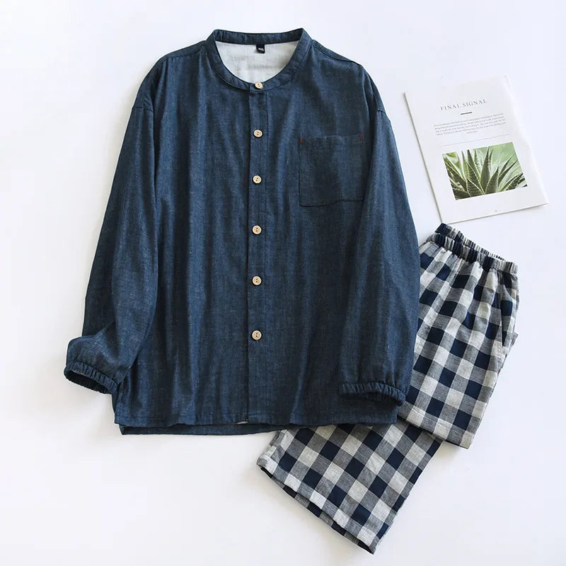 2026 Japanese Style Men's Cotton Pajama Sets Plaid Long Sleeve Trousers Sleepwear Sets Men Double-layer Cotton Homewear Lounge
