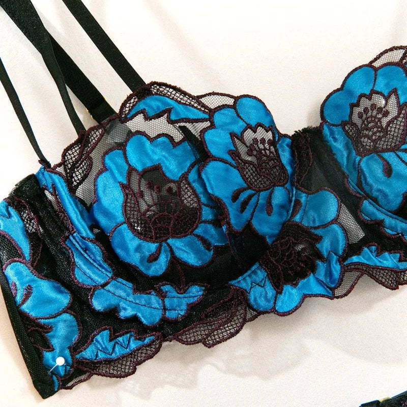 Sissy Sexy Lingerie Sets Exquisite Floral Embroidery 3 Pieces Set Beautiful Erotic Underwear Sheer Mesh Bra Panties Garters Belt
