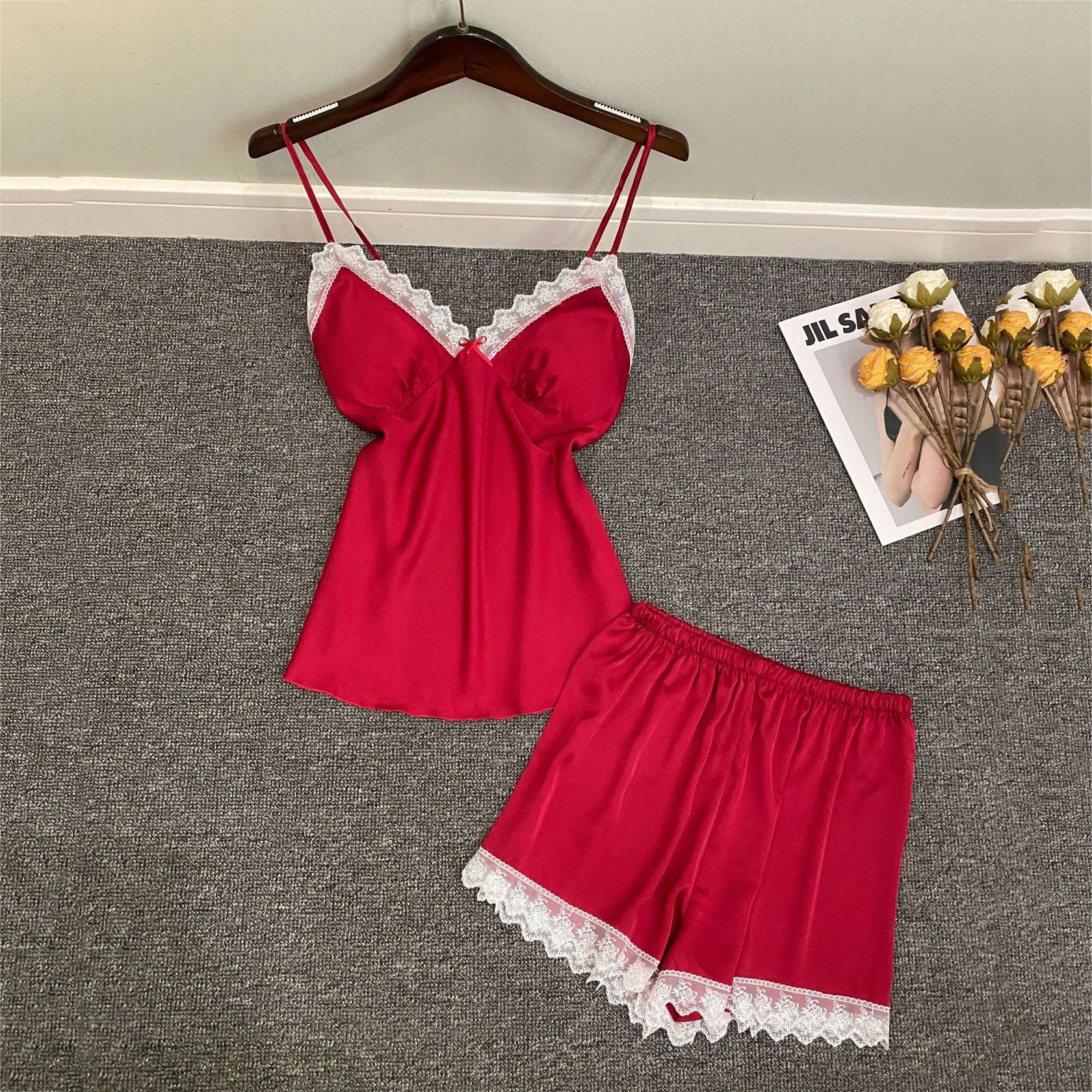 Lace Sleepwear Satin Cami&Shorts Suit Women 2 Pieces Sleep Set Sexy Deep V-Neck Nightwear Thin Home Clothes Lounge Lingerie