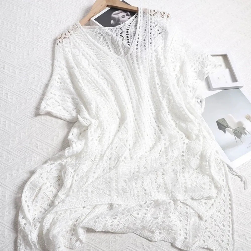 Leisure Oversized Hollow Out Swimsuit Cover Up V-neck Loose Knitted Bikini Cover Up Bohemian Style Mesh Beach Wear Summer