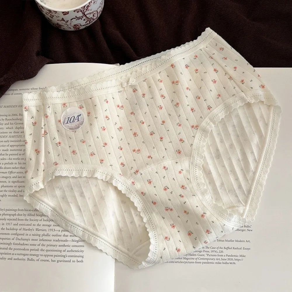 Lingerie Mid-waist Underwear for Women Bear Grid Sweet Floral Panties Underpants Bow Cotton Briefs Lady