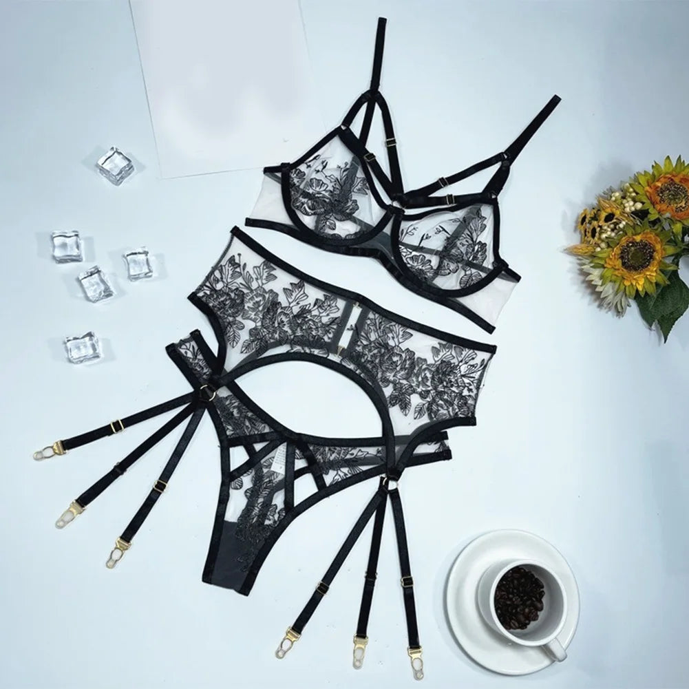 See-through Bra Set For Women Sexy Lingerie Flroal Black Bra Brazilian Underwear Set Japanese Woman Panties Women's Swimsuit