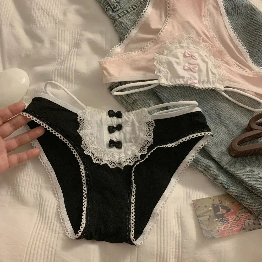 Lingerie Bow Lace Flower Panties Seamless Mid Waist Lace Mesh Briefs Hollow Transparent French Style Briefs Girl