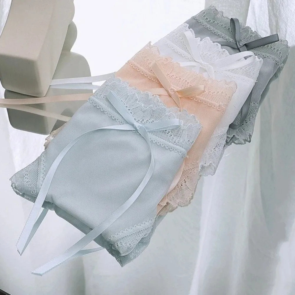 Lingerie Low Waist Lace Panties Ice Silk Cotton Crotch Mesh Briefs Bow Underwear for Women Summer