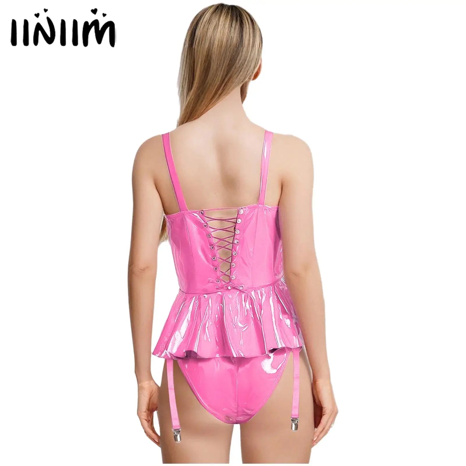 Womens Lingerie Latex Mini Dress Built-in Briefs Garters V Neck Front Zip Back Lace-up Bodysuit Glossy Sling Wetlook Clubwear