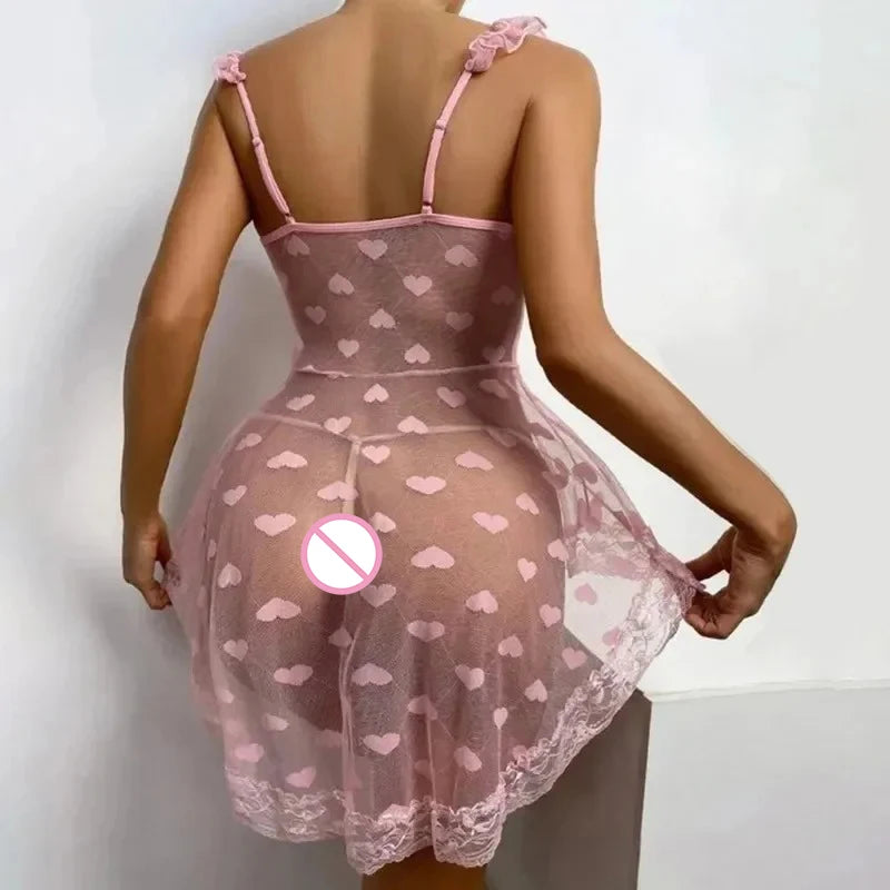 Romantic Lace Sexy Lingerie Babydoll Nightgown for Women with Ruffles Hollow Open Bra Design Love Sex Theme Seductive Erotic Cos