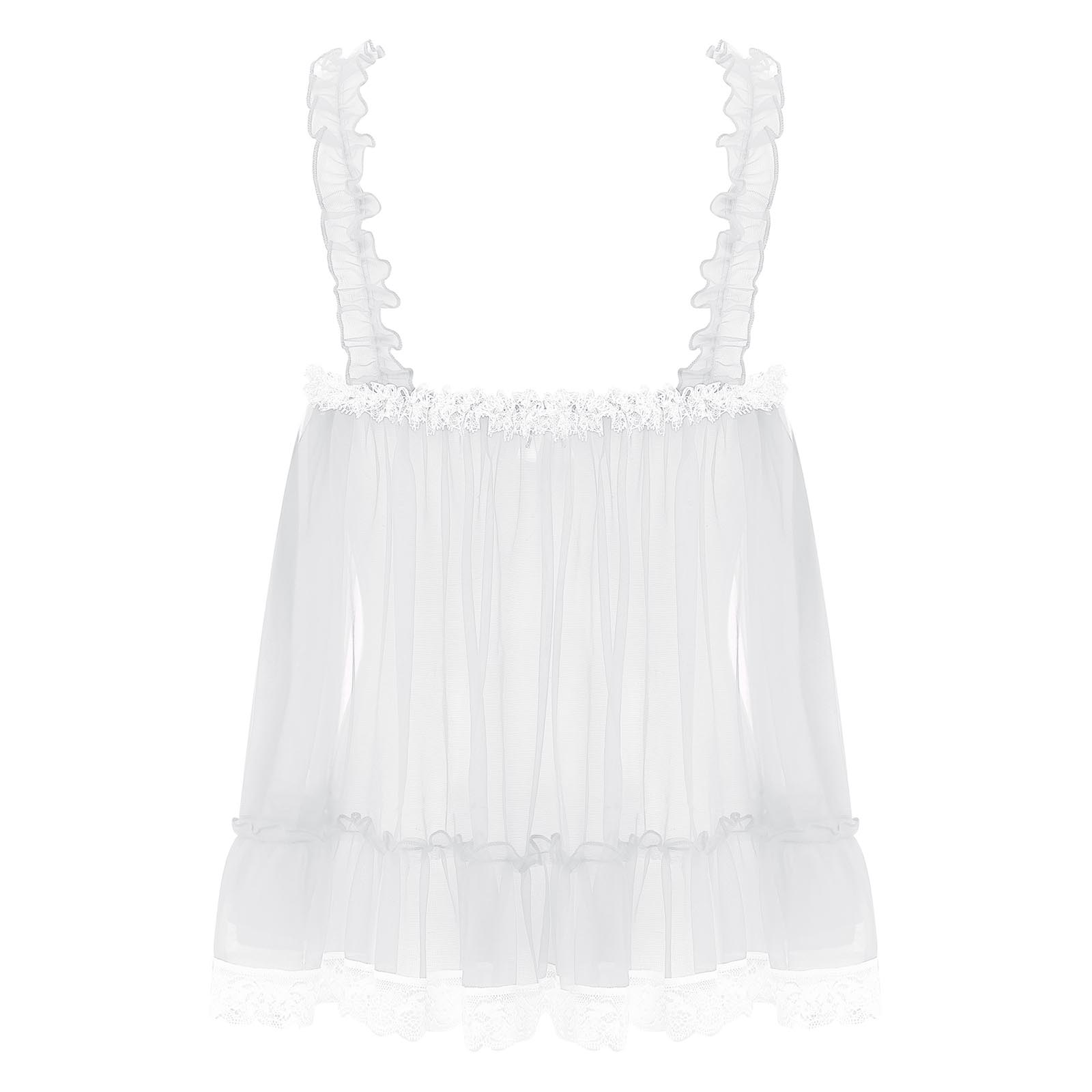 Womens Sexy See-Through Babydolls Sheer Mesh Top Ruffle Straps Bow Lace Trim Camisole Tops Lingerie Tempting Nightwear Clubwear