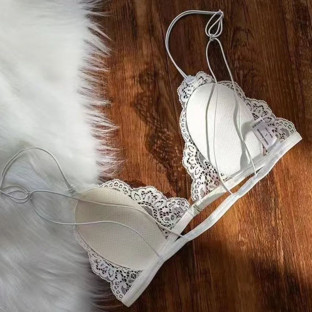 Ultra-thin Shoulder Strap Lace Wireless V Bra Shockproof Front Button Lingerie Brassiere for Women Seamless Gathered Breasts