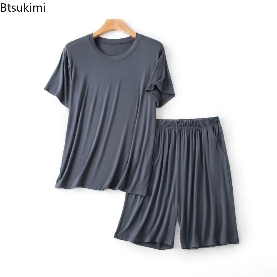 Modal Pajama Set Men's Round Neck Pajama Set for Summer Casual Wear Solid Color Loose Short Sleeved Shorts Two-piece Set Male