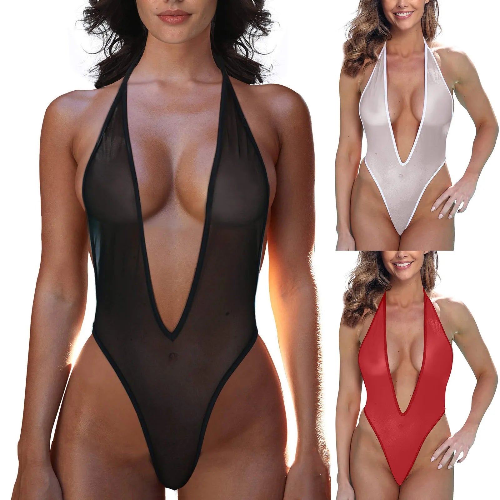 Ladies Sexy Erotic Lingerie Bodysuits Three Point Type Halter Neck Tight Bodysuits High Waist Transparent Mesh Lingerie Teddies