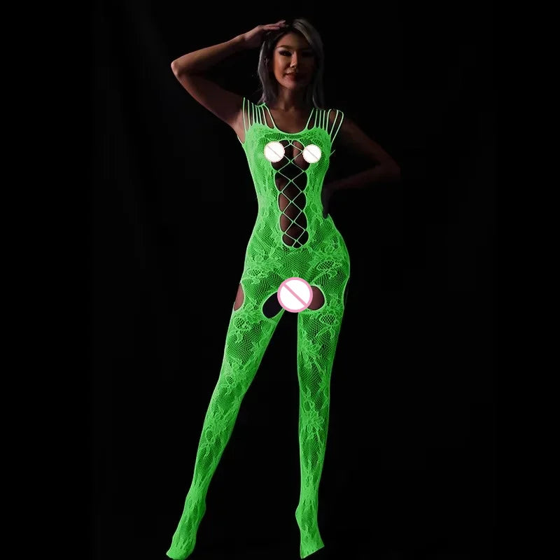 Sexy Hollow Out Luminous Bodysuit Sexy Lingerie See Through One-piece Luminous Suspenders Mesh Clothes Fishnet Socks Dress