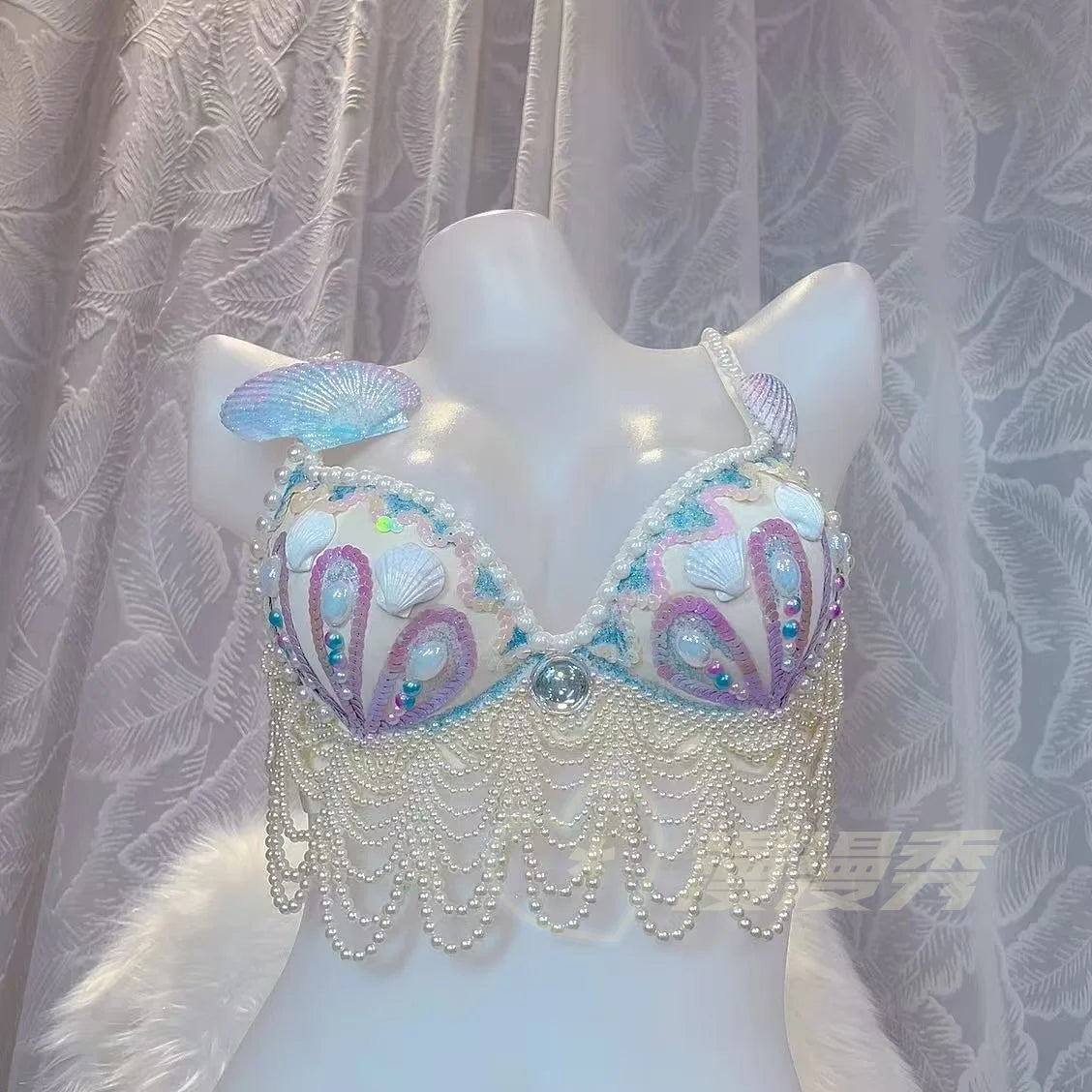 customized sparkling iridescent sequin shell bra pearl chain tassel pool party bra beach vacation pearl jacket belly dance bras
