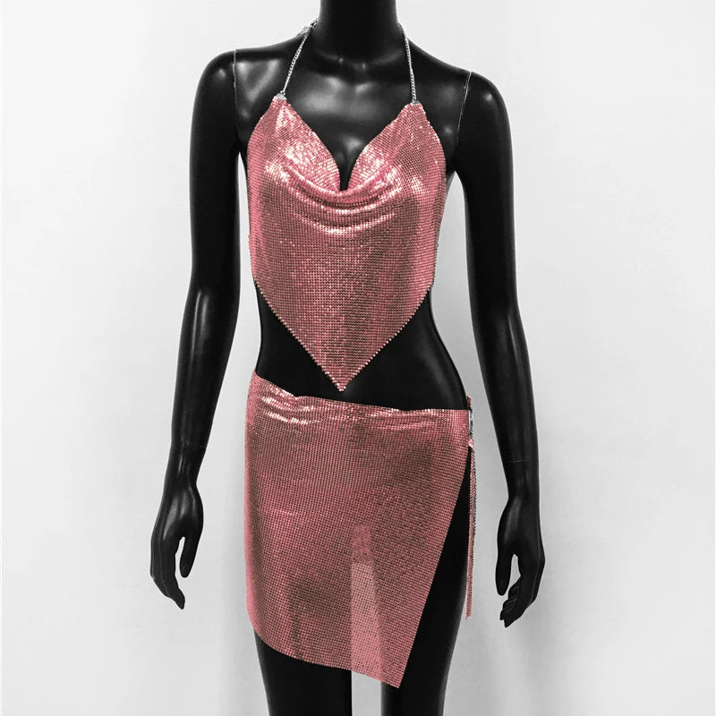Sexy Metal Sequins 2 Piece Set Women Sleeveless Deep V Neck Backless Halter Tank Tops Split Mini Skirts Beach Party Outfits