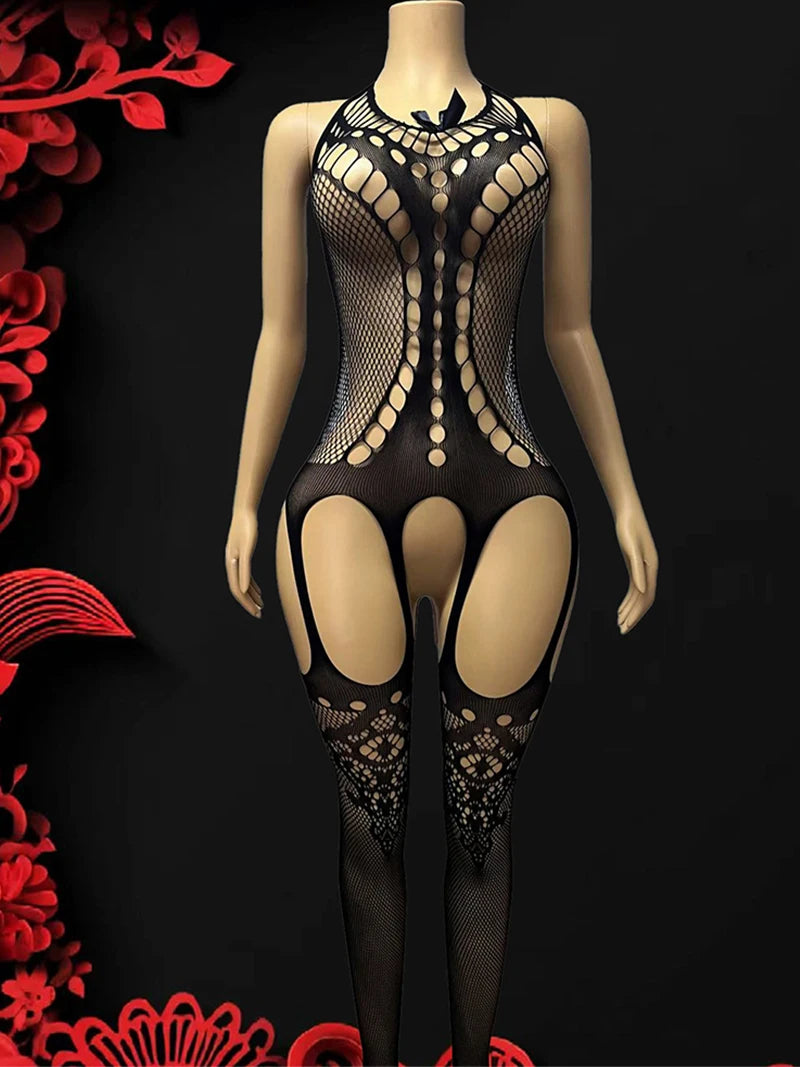 Porn Underwear Crotchless Babydolls Dress Erotic Costume Sexy Halter Neck Bodystockings Fishnet Hollow Baby Dolls Lingerie Women