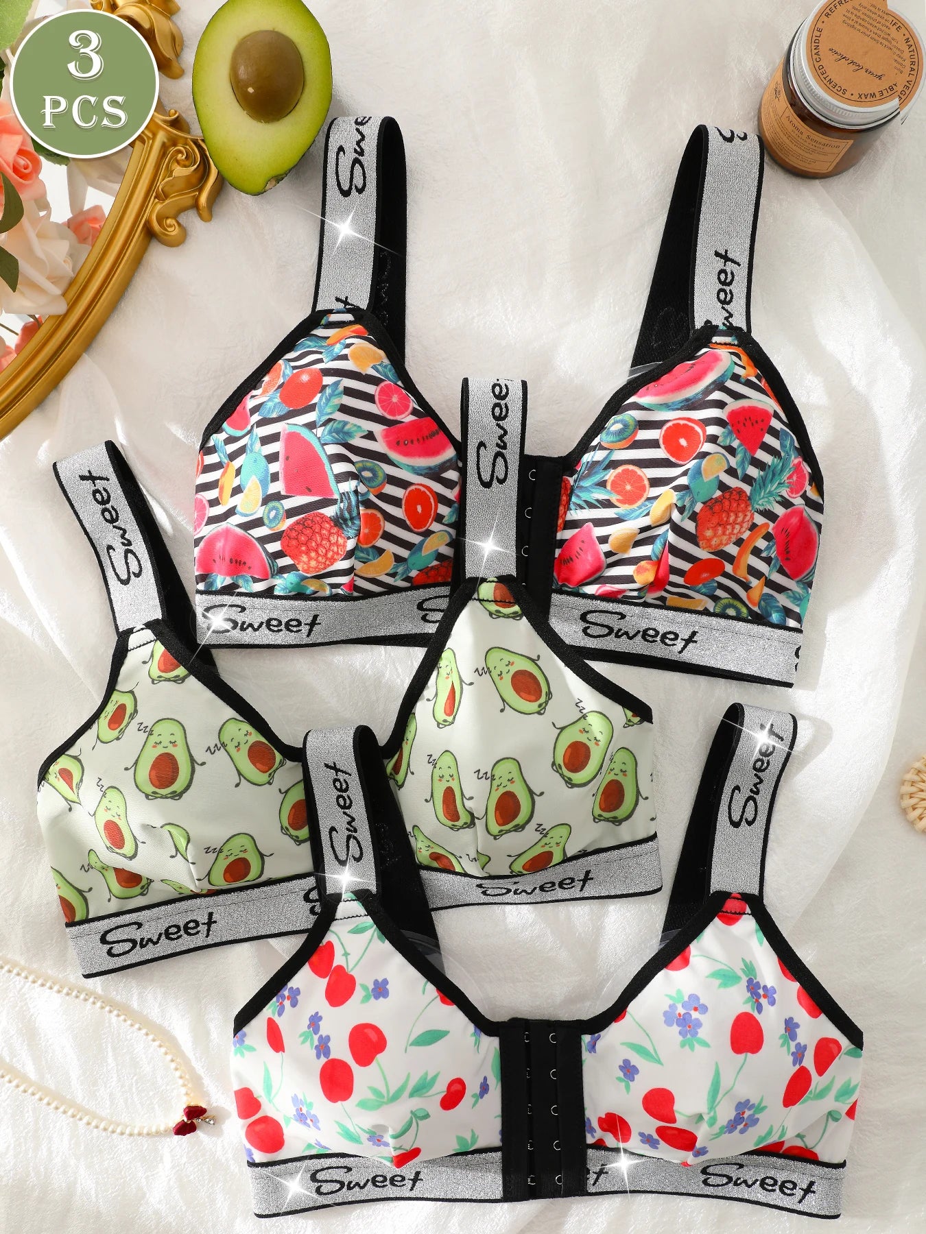 3 Pack Women's Wireless Bra, Mixed Fruit Print Front Closure Shiny Trim Comfort Bralette
