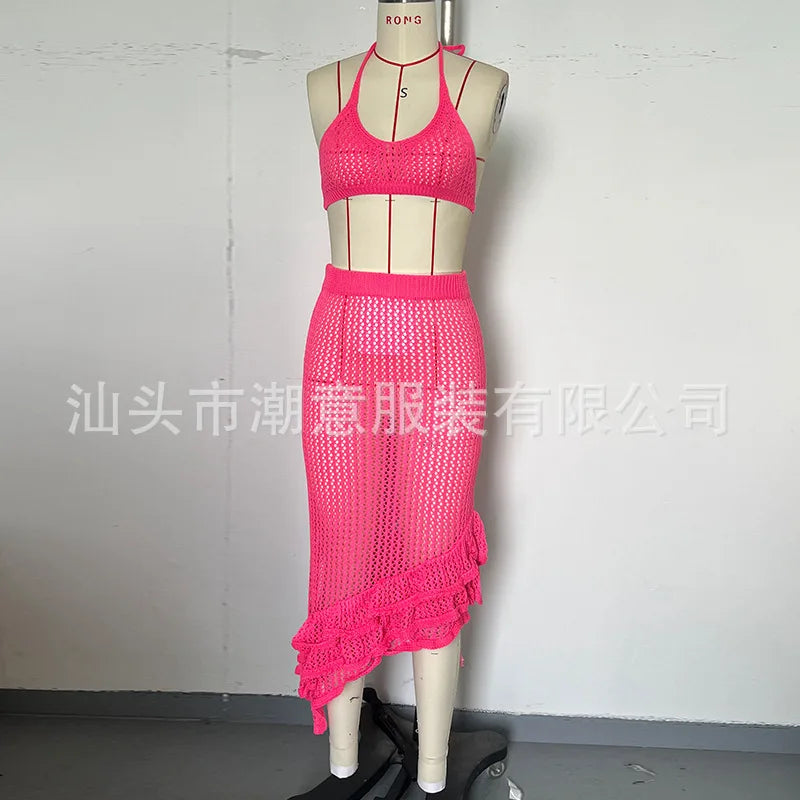 Sexy Women Bikini Two Piece Crochet Set Sleeveless Hollow Out Crop Top and Ruffled Skirt Outfit Summer Beach Knitted Cover Ups
