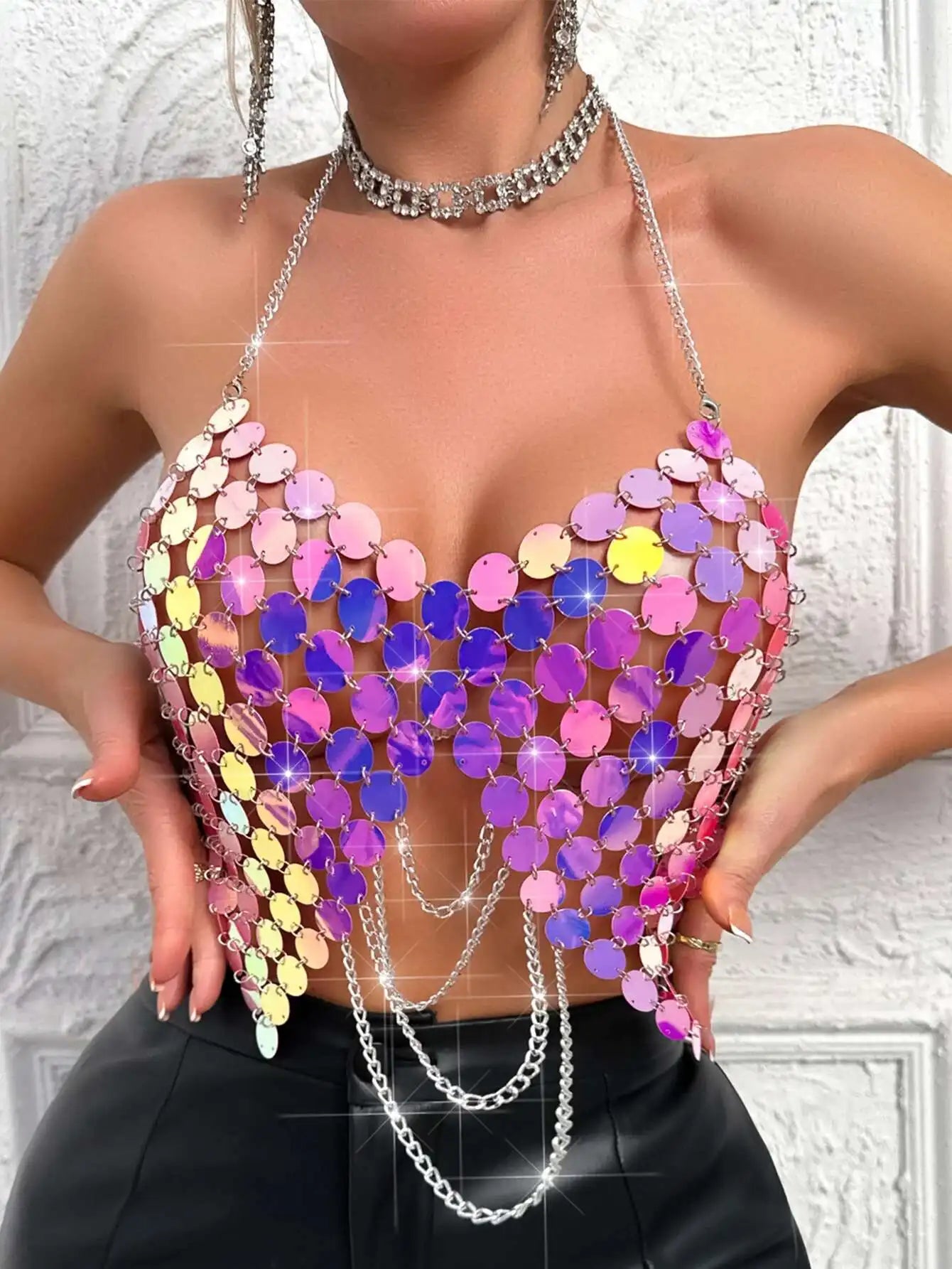 Sexy see through metal sequin corset crop top womens summer beach party halter tank top rave festival outfits cropped y2k Tops