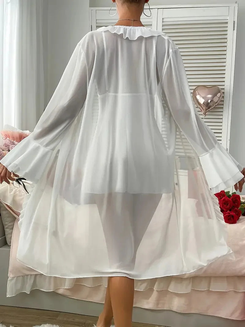 Women Sexy Robe Lingerie Set Lace V-neck Cami Dress with Transparent Mesh Night Gown Robe Nightwear Female Leisure Sleepwear
