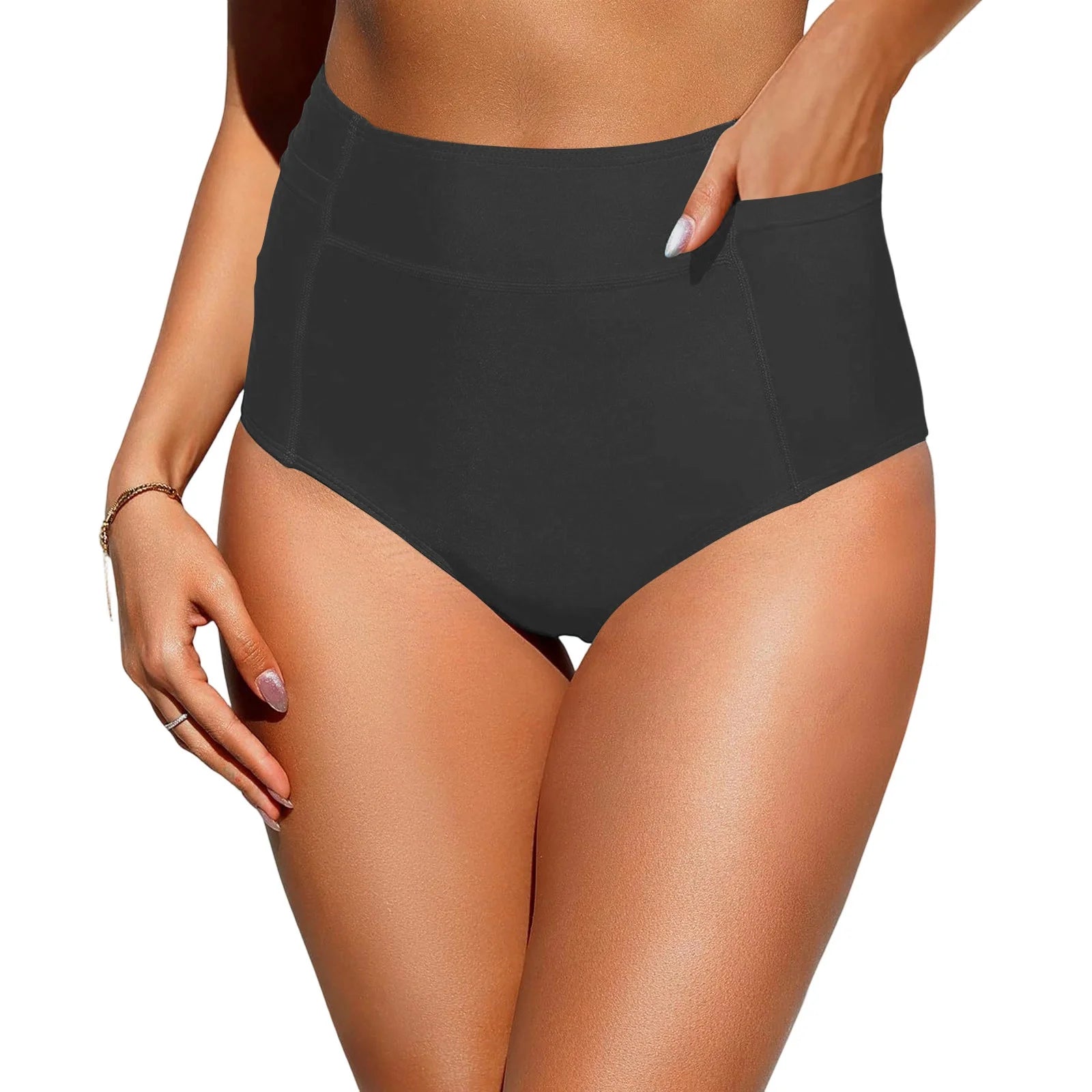 Women's High Waist Swimming Bottoms, Vintage Basic Bikini, Full Coverage Split Swimsuit Briefs, Swimming Trunk with Pockets