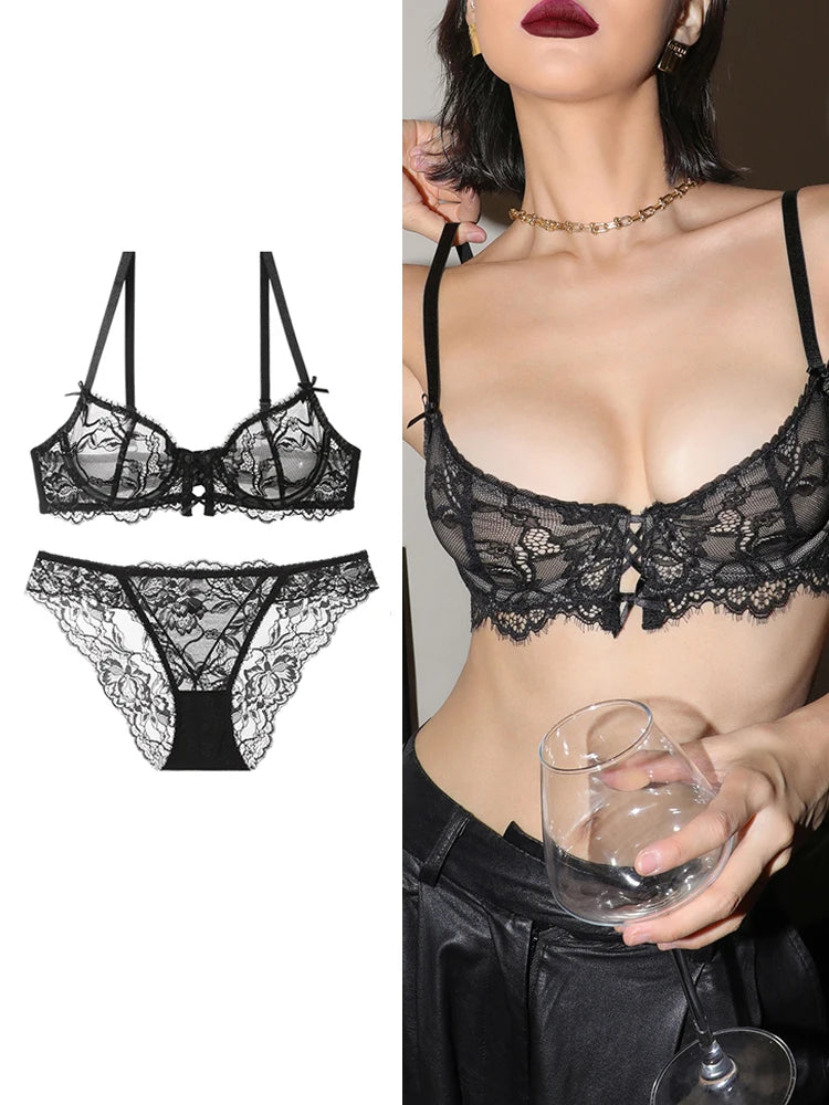Half Cup Bras For Women Sexy Lingerie Plus Size Transparent Balconette Embroidery See Through Lace Bra Female Embroidery Bra