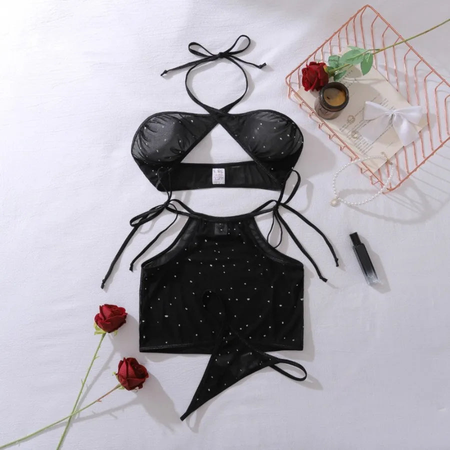 Lingeries Sexy Hot Women Black Cross Halter Hollow Bra Brief Skirt Starry Transparent Underwear Set 3 Piece Erotic Lingerie Sets