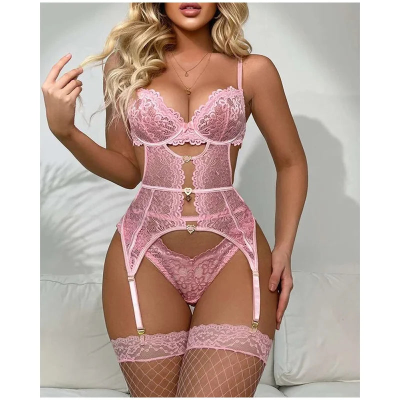 Lace Sexy Deep V Lingerie Transparent Lace Bondage Sexy Corset Bodysuit Sheer Underwear Set Garter Lingerie Erotic Sleepwear