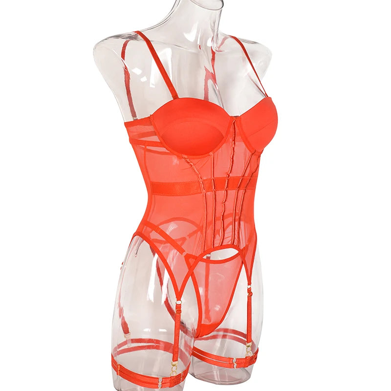 MUZISKAT Mesh  Lingerie Luxury Brand Bodysuit Backless Tops for Women 3 Piece Lingerie Set with Garter Sexydresses for Women