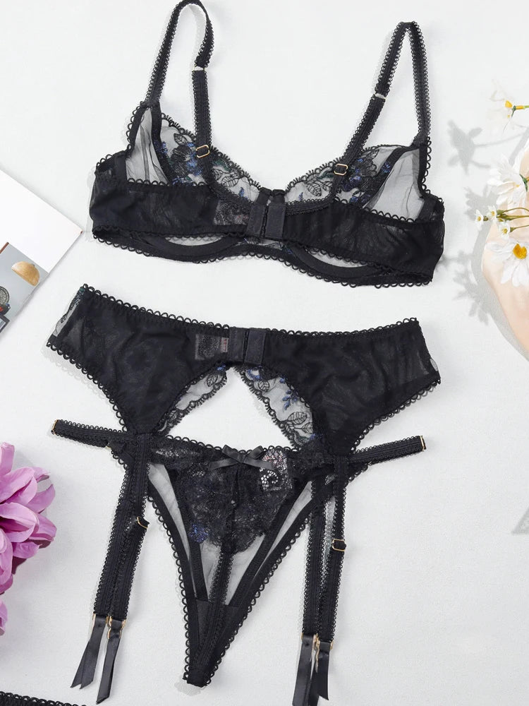 Lingerie Women Sets Sexy Night See Through Lace Bra Panty Set Floral Garter Underwear Intimate Outfit Exotic Clothing