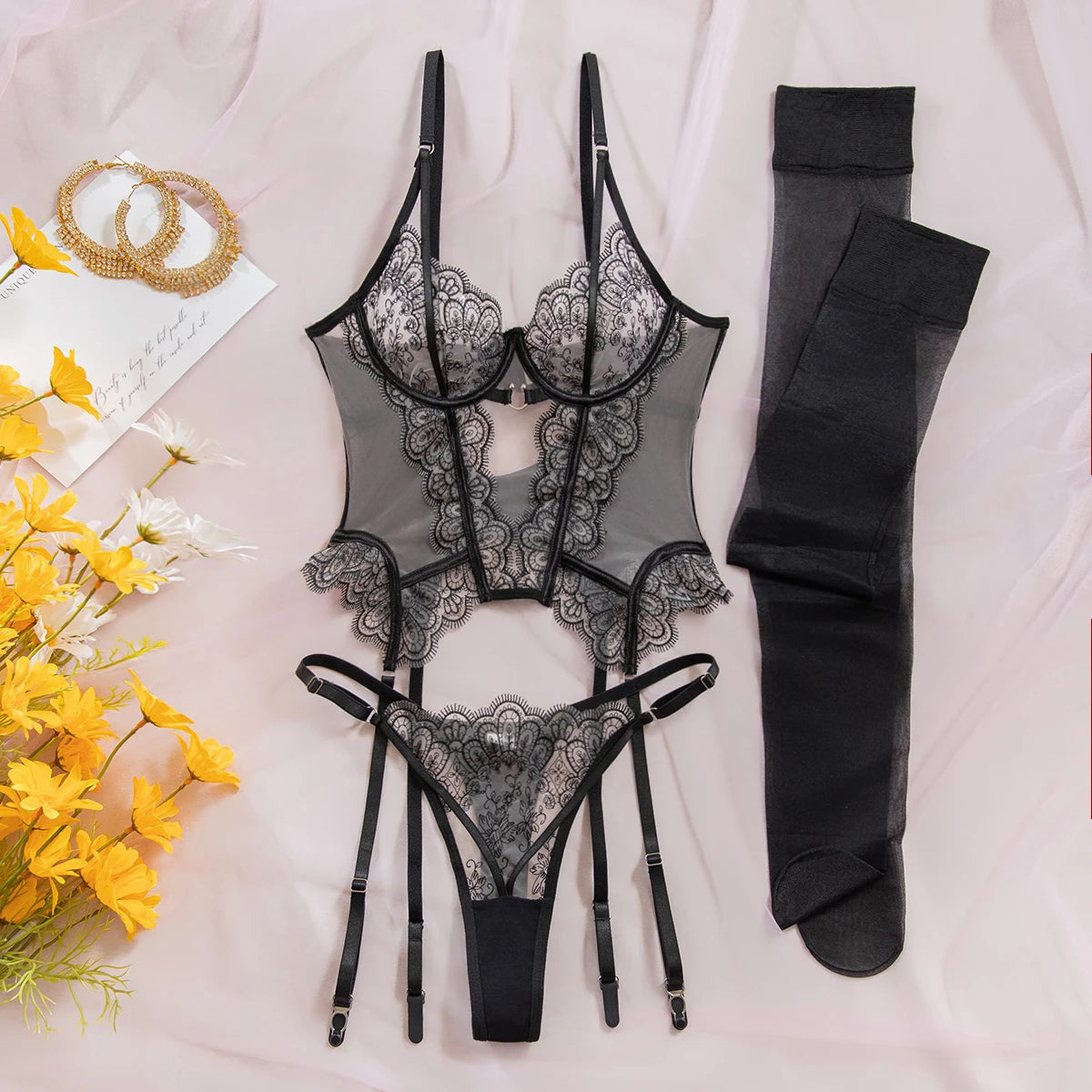  Women Lace Corset Lingerie Set Sheer Mesh Bustier Top With Garter Straps Thong 3 Piece Erotic Outfit For Valentine's Day Honeym