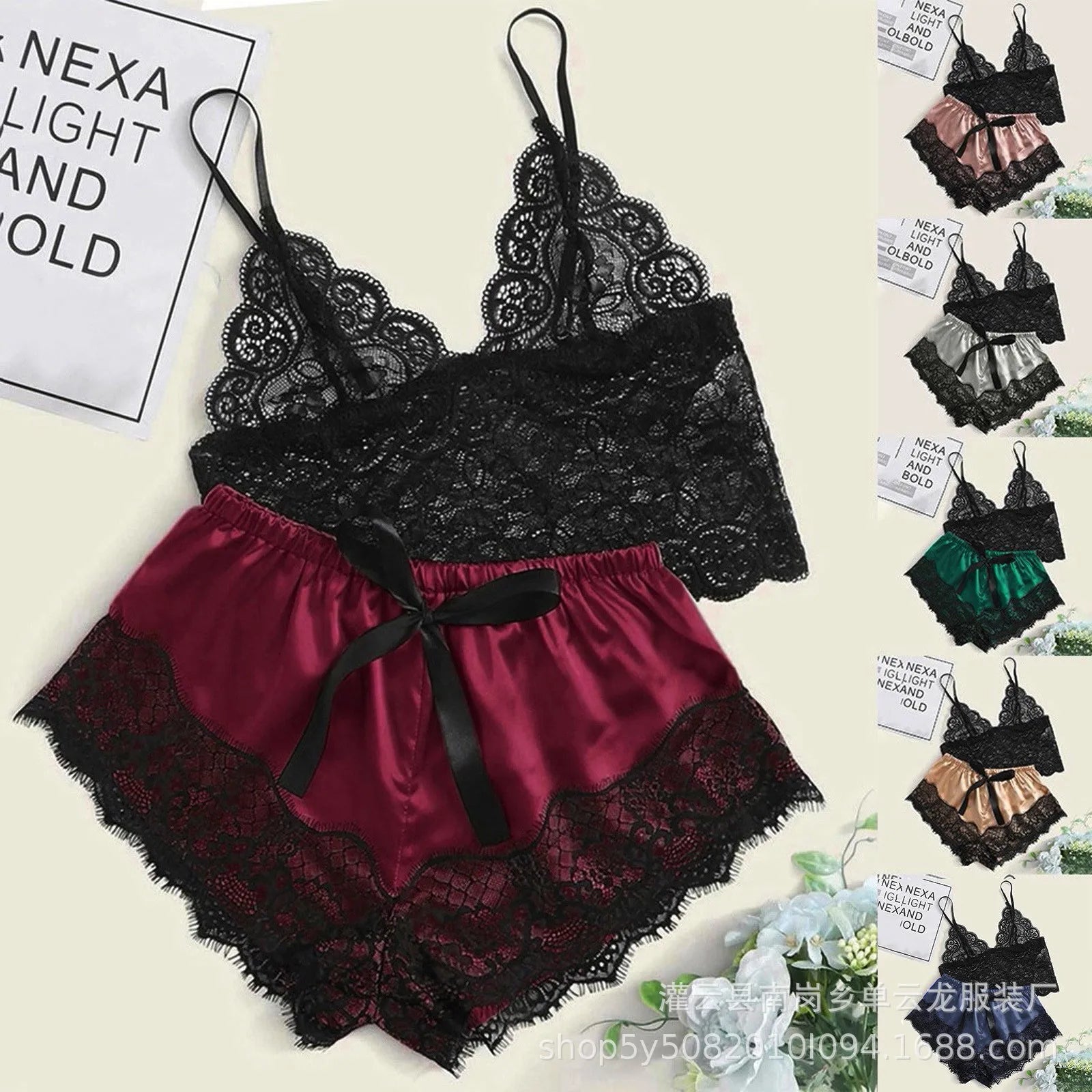 Mengya Women Lace Satin Two Piece Lingerie Set Spaghetti Strap Camisole Silky Lace Trim Shorts Nightwear European American Style