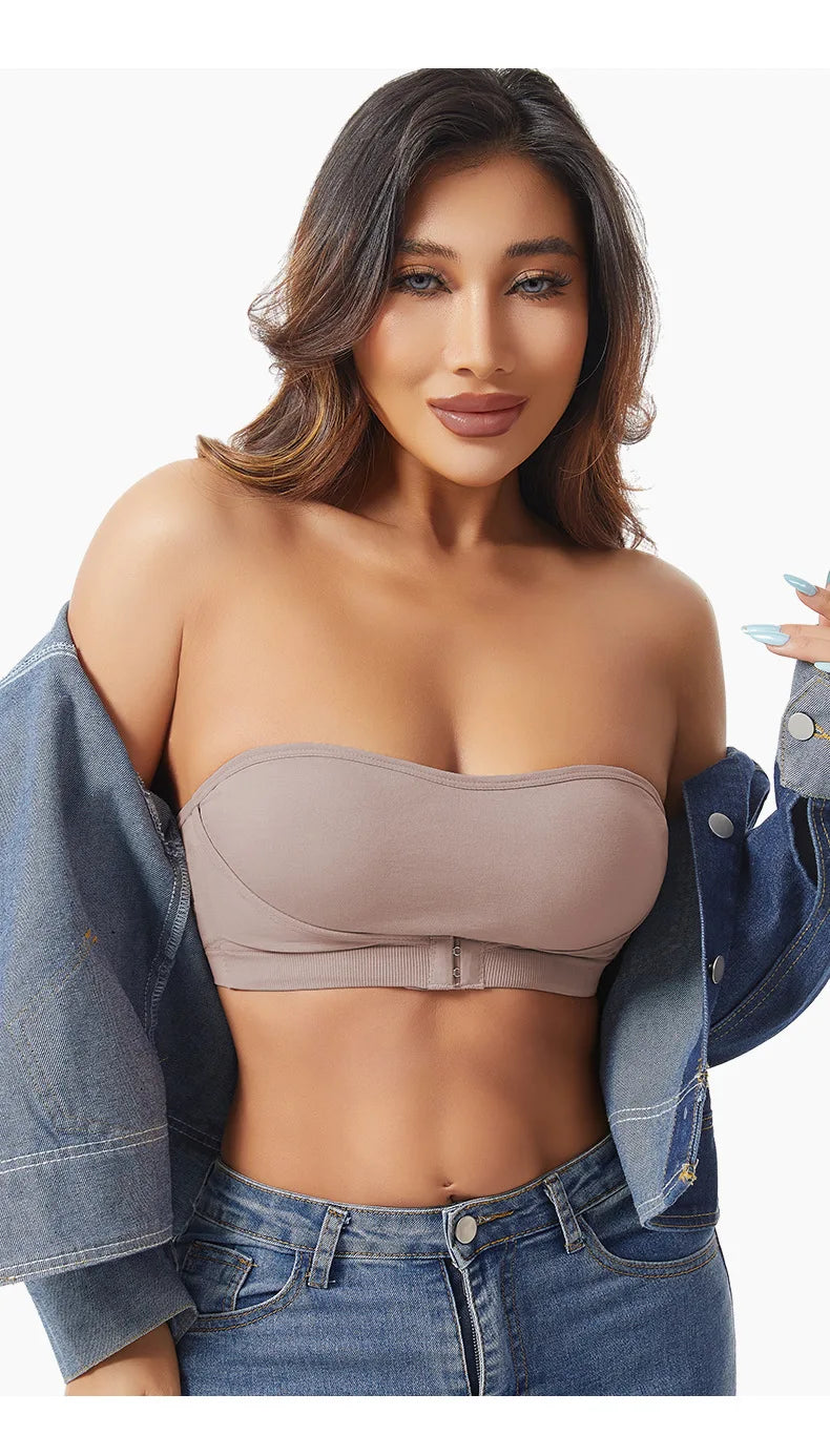 Daily Strapless and Wireless Women's Front Button Bra, Seamless Chest pad Comfortable Push-up Trendy Solid Color Lingerie