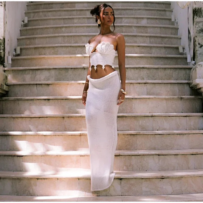 Sexy Crochet Hollow Out Pearl Skirt Set Women White Crop Bikini Tops Slim Hip Package Skirts 2026 Spring Lady Beach Outfits New