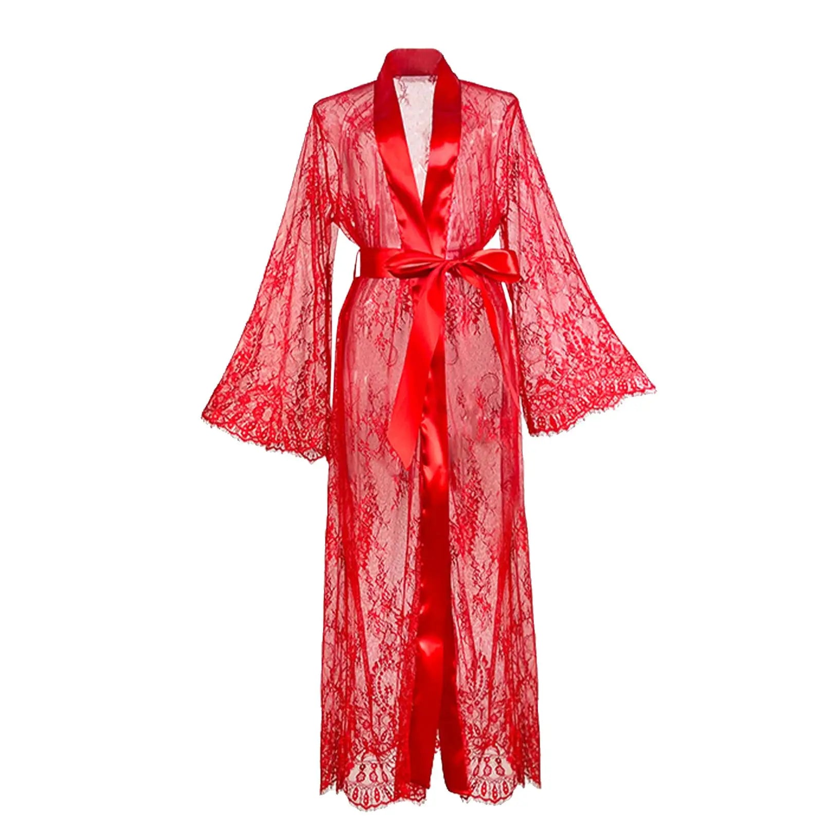 Women's Sexy Sheer Lace Robe Lingerie Long See Through Kimono Lingerie Dress Lace Gown Sleepwear