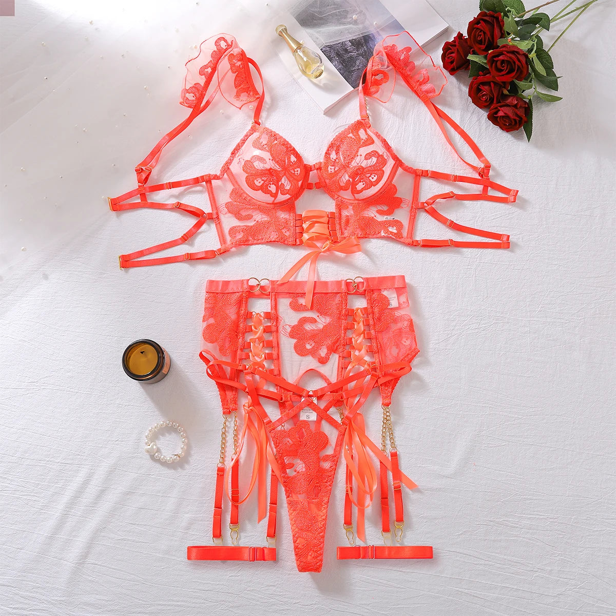 Women'S Erotic Lingerie 4-Piece Floral Embroidery See-Through Ultra-Thin Sets Fly Shoulder Straps Hollow Bra and Thongs Sexy Set