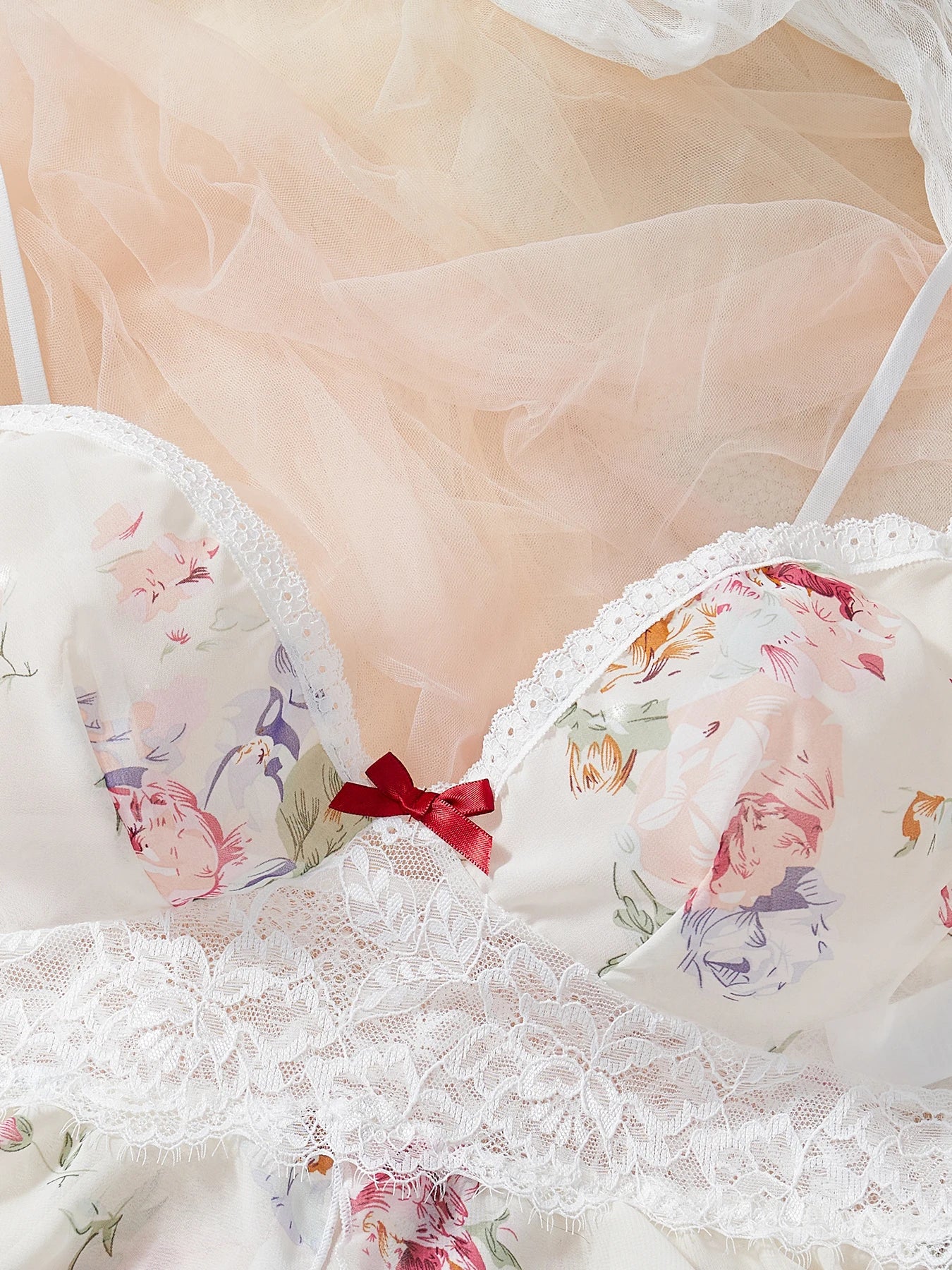 Plus Size Floral Lingerie Set - Chiffon Camisole with Lace Trim, Ruffled Shorts, Romantic Flower Print, Soft & Breathable. sexy