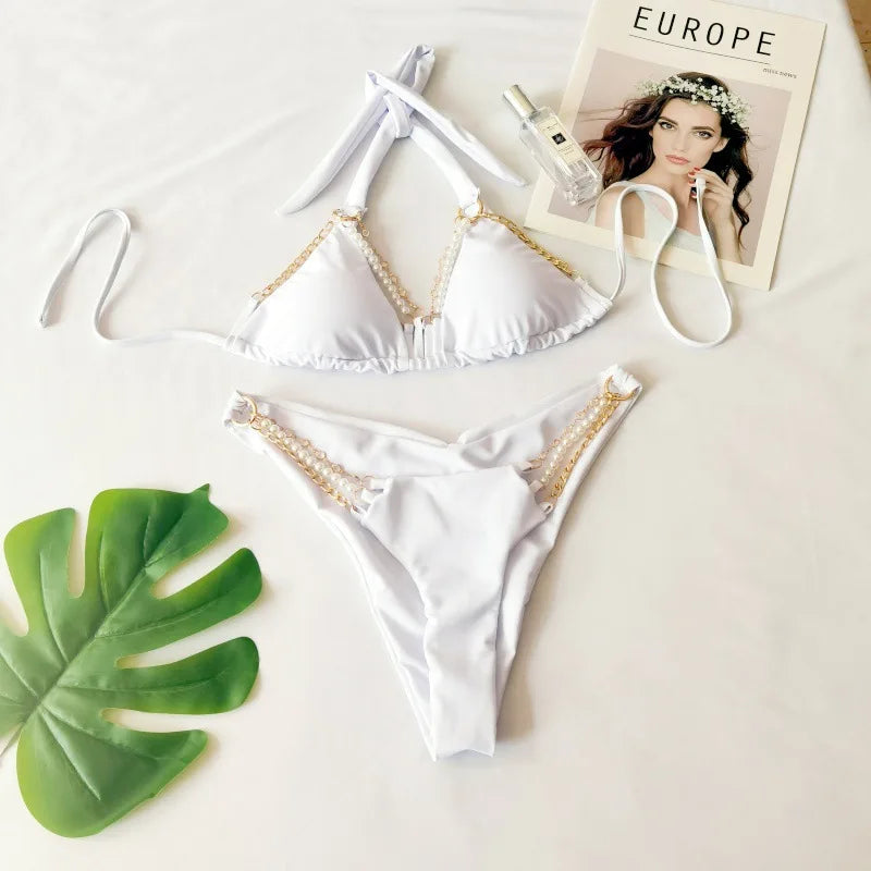Bikini swimsuit with separate metal cover-up, women's halter neck backless swimwear made of highly elastic fabric