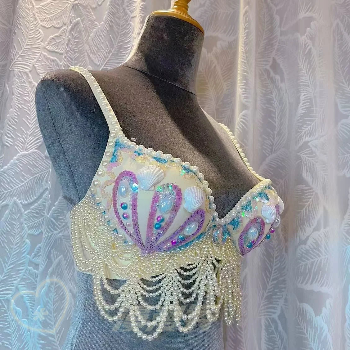 customized sparkling iridescent sequin shell bra pearl chain tassel pool party bra beach vacation pearl jacket belly dance bras