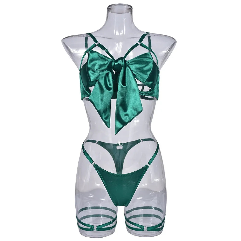 Hot Sexy Lingerie Women's Erotic Lace Satin Sexy Bodysuit Women's Bow Sleepwear Sexy Bra Panties Set Babydoll Exotic Pajamas
