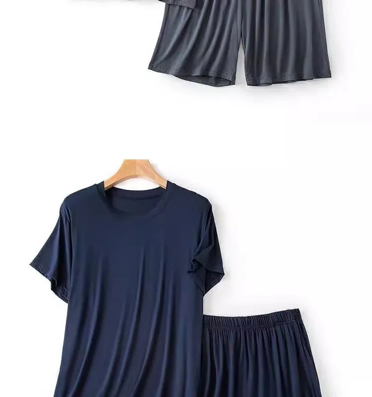 Modal Pajama Set Men's Round Neck Pajama Set for Summer Casual Wear Solid Color Loose Short Sleeved Shorts Two-piece Set Male