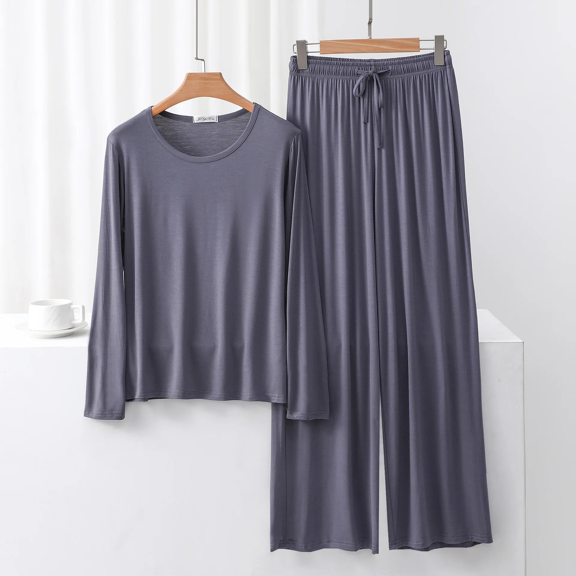 Modal Pajama Sets 2 Piece O-Neck Long sleeved Tshirt and Wide Leg Pant Ankle Length Loose sleepwear set Comfort homewear suits