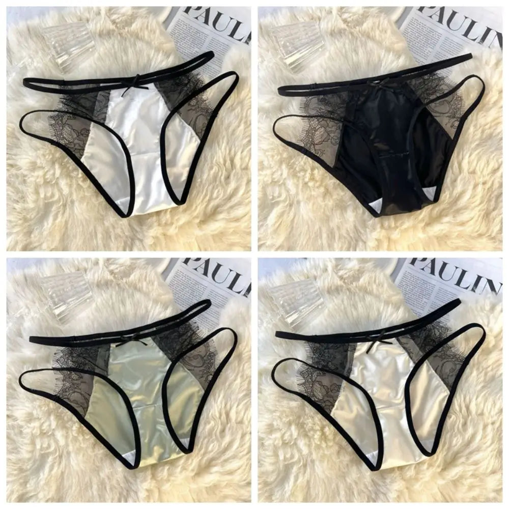 Lingerie Low Waist Underwear for Women Bow Transparent Sweet Lace Panties Hollow Mesh Satin Silk Briefs Girl
